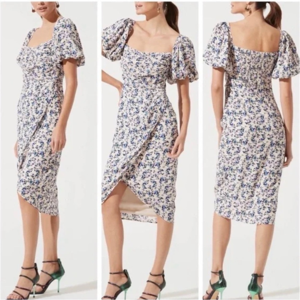 NWT ASTR Floral Puff-Sleeve Midi Dress - Lavender/White